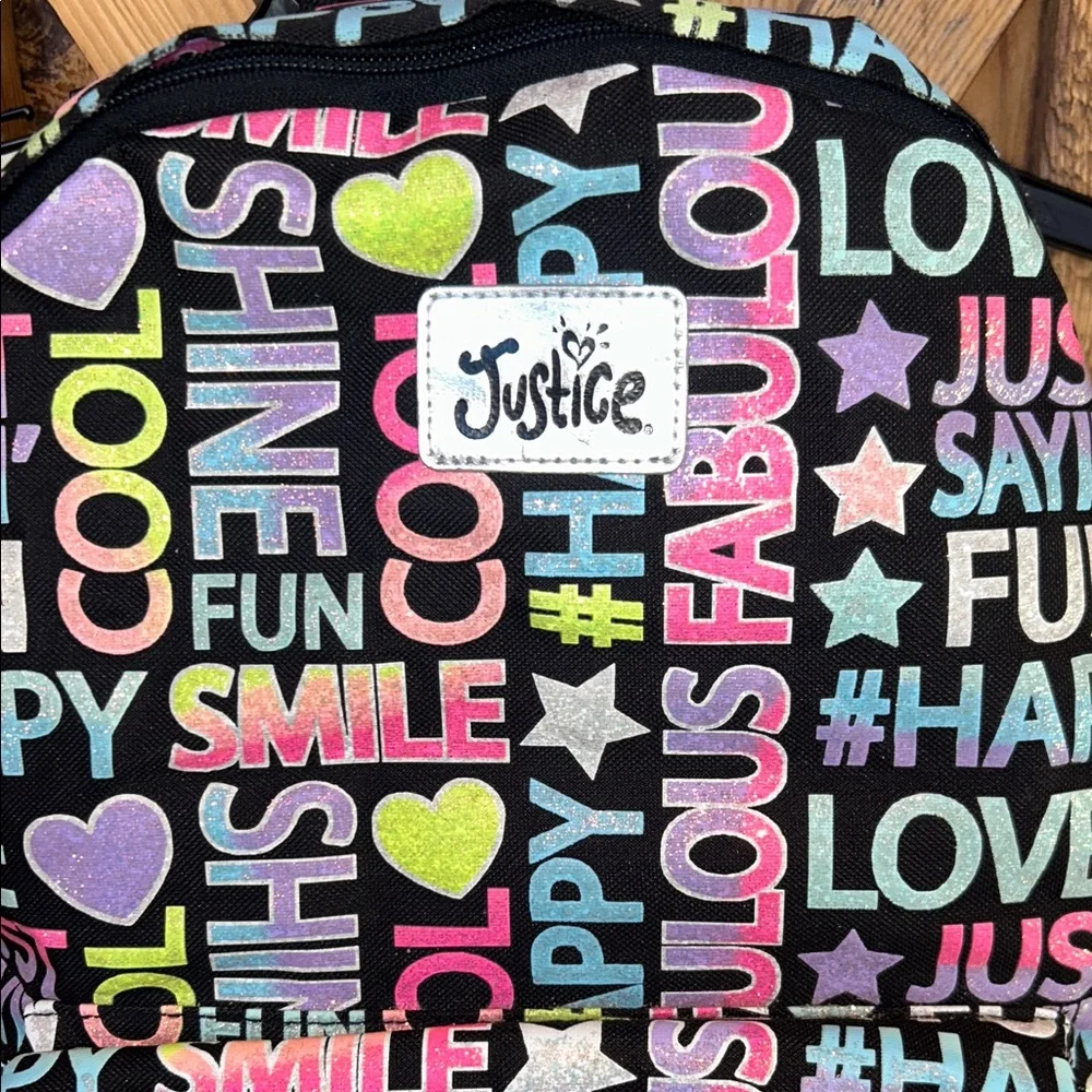 Justice Girls Multicolor Graphic Colorful Glitter and Black Text Backpack